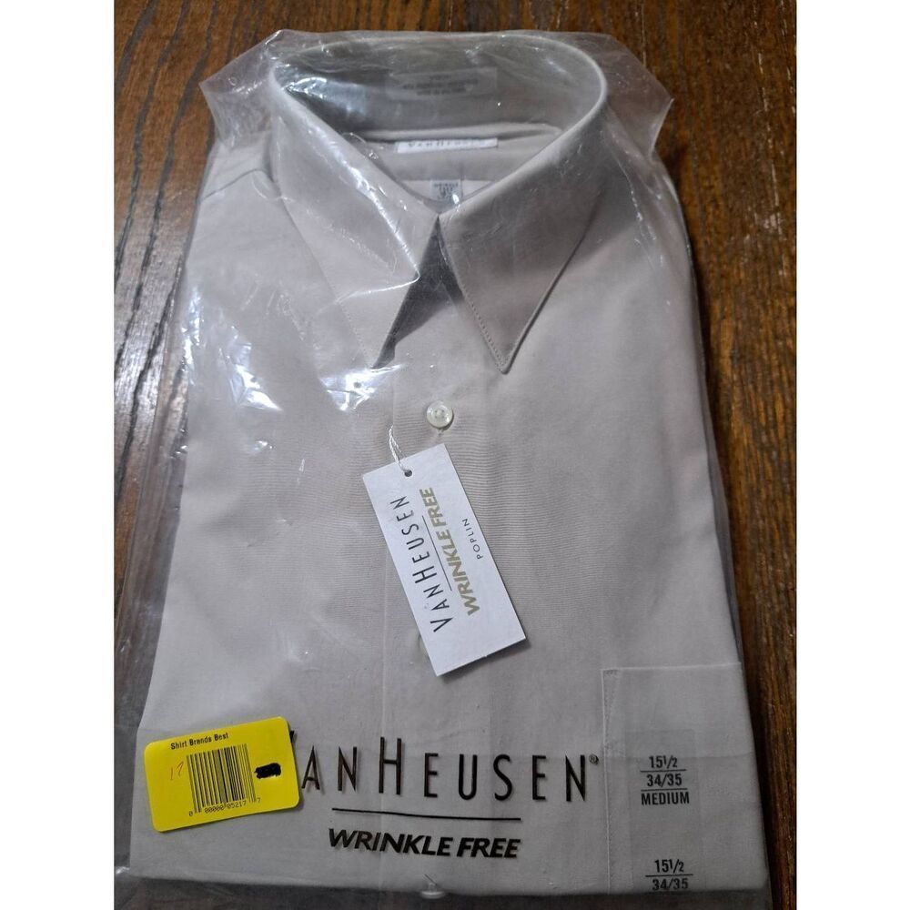 New Neck 15.5 Medium Van Heusen Stone Wrinkle Free Long Sleeve Dress Shirt BWT